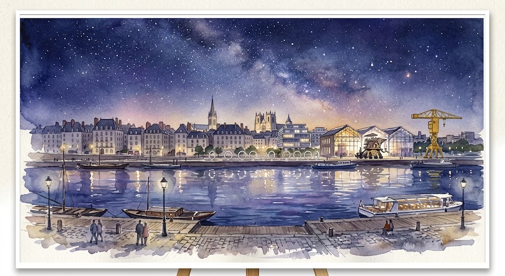 Illustration aquarelle du ciel étoilé au-dessus des quais de la Loire à Nantes